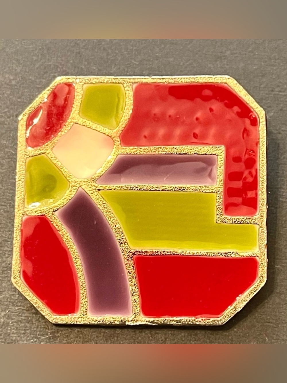 Samuel Huang Vintage Enamel Mosaic Gold Tone Geometric Brooch 1.5”